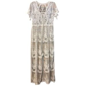 COPY - Women’s White Lace Embroidered Maxi Dress or Cover Up Medium Beautiful
